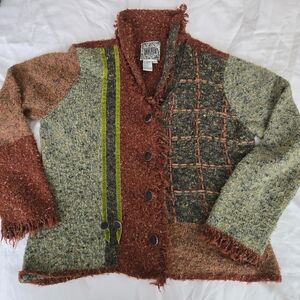 Curio XL Rusty Red & Green Vintage Patchwork Cardigan With Velvet Trim